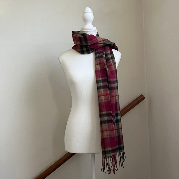 SOLD lambswool soft plaid winter next scarf Shepherds Land Pink Red Fringe - Picture 3 of 6